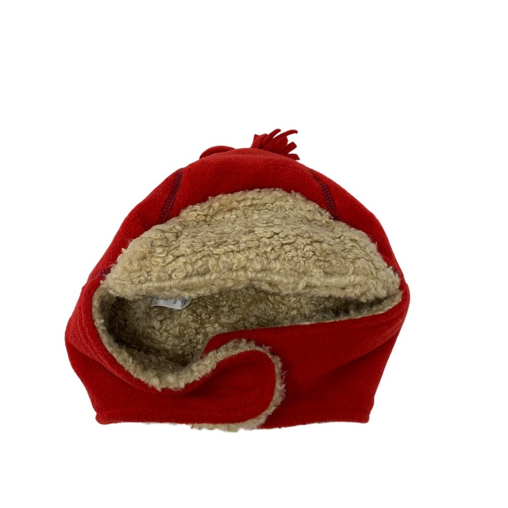 Baby Gap Winter Red Tan Fleece Hat Toddler Size M/L 4-5 Pom Pom Top Sherpa Lined